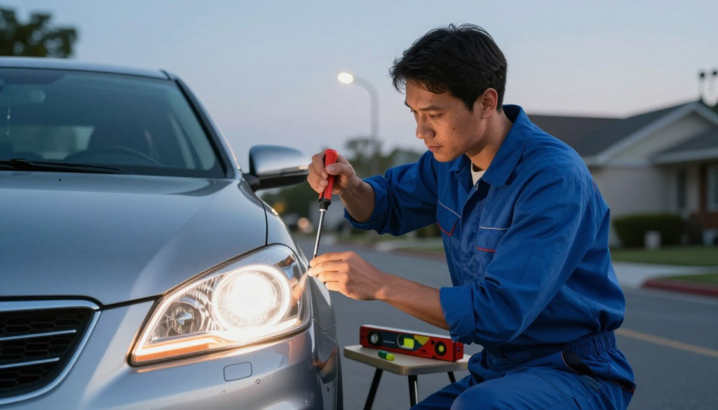 Headlight aim adjustment at home without a garage bay
